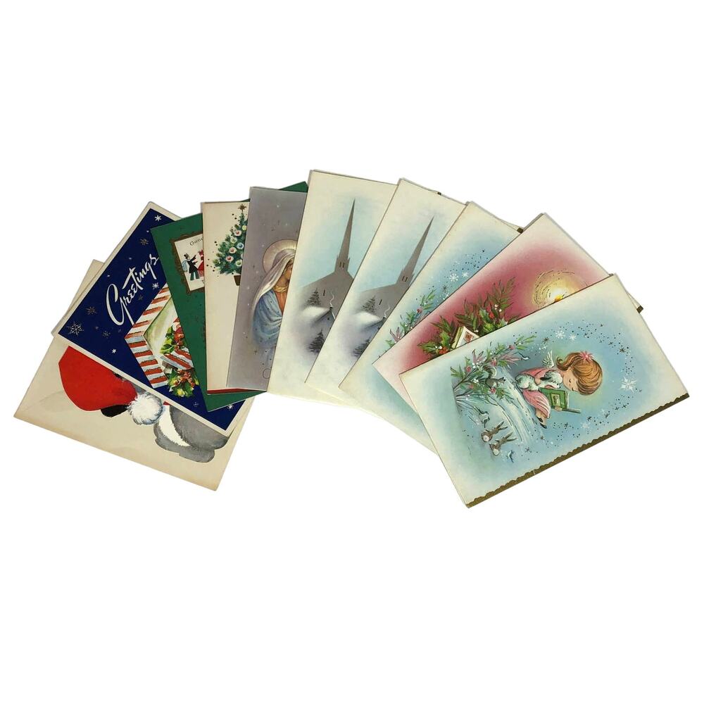 Vintage Christmas Cards Lot of 10 Gold Trees Puppy Religious Shabby Chic